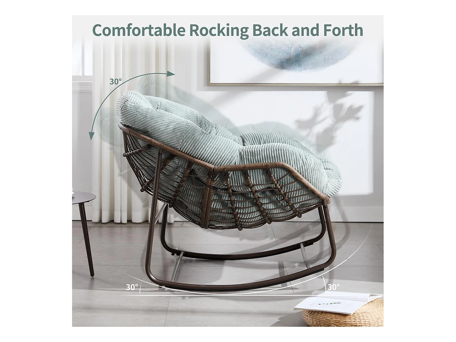 Lot de 2 Fauteuils à Bascule en Rotin Naturel – Forme Œuf et Coussins Vert Clair – Confortable pour Salon, Véranda ou Chambre