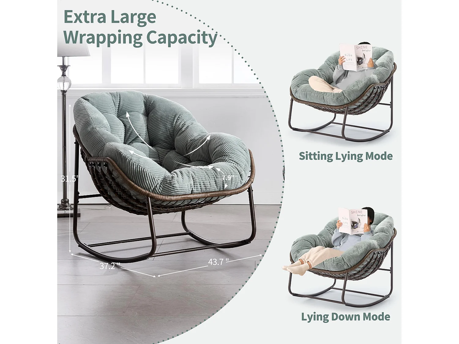 Lot de 2 Fauteuils à Bascule en Rotin Naturel – Forme Œuf et Coussins Vert Clair – Confortable pour Salon, Véranda ou Chambre