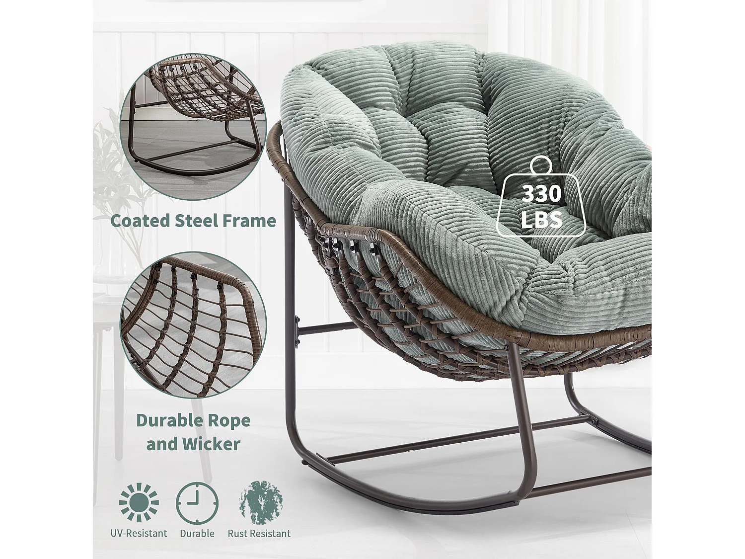 Lot de 2 Fauteuils à Bascule en Rotin Naturel – Forme Œuf et Coussins Vert Clair – Confortable pour Salon, Véranda ou Chambre