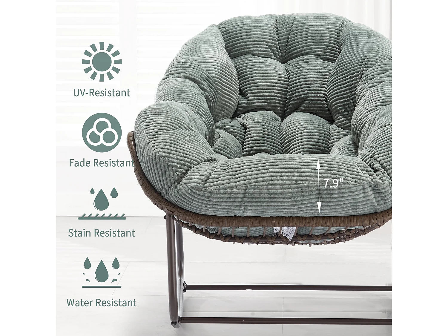 Lot de 2 Fauteuils à Bascule en Rotin Naturel – Forme Œuf et Coussins Vert Clair – Confortable pour Salon, Véranda ou Chambre