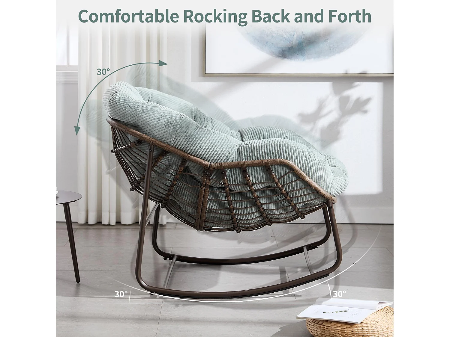 Lot de 2 Fauteuils à Bascule en Rotin Naturel – Forme Œuf et Coussins Vert Clair – Confortable pour Salon, Véranda ou Chambre