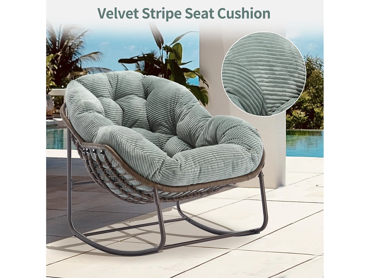 Lot de 2 Fauteuils à Bascule en Rotin Naturel – Forme Œuf et Coussins Vert Clair – Confortable pour Salon, Véranda ou Chambre