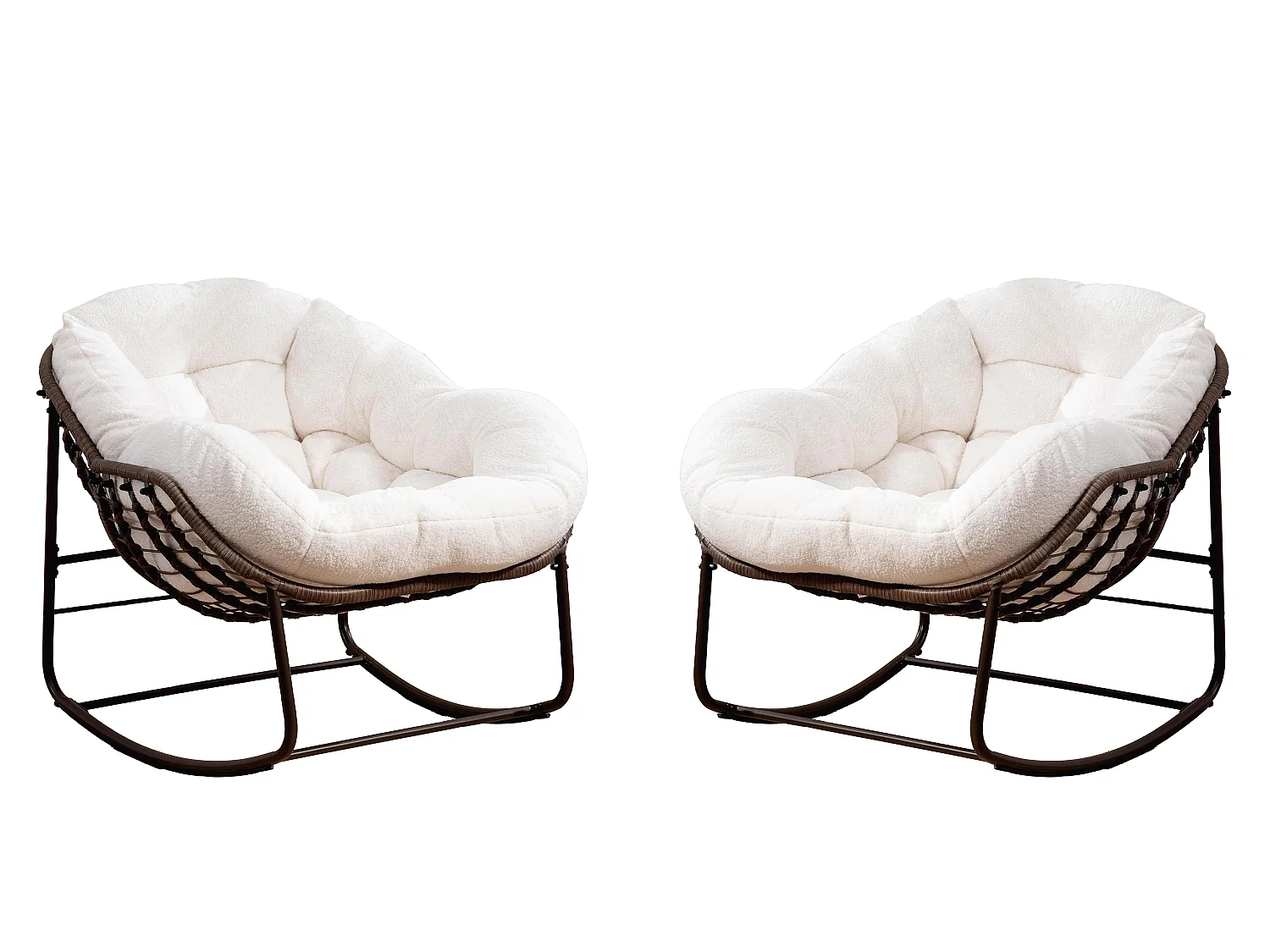 Lot de 2 Fauteuils à Bascule en Rotin Naturel – Forme Œuf et Coussins Blanc Crème – Confortable pour Salon, Véranda ou Chambre