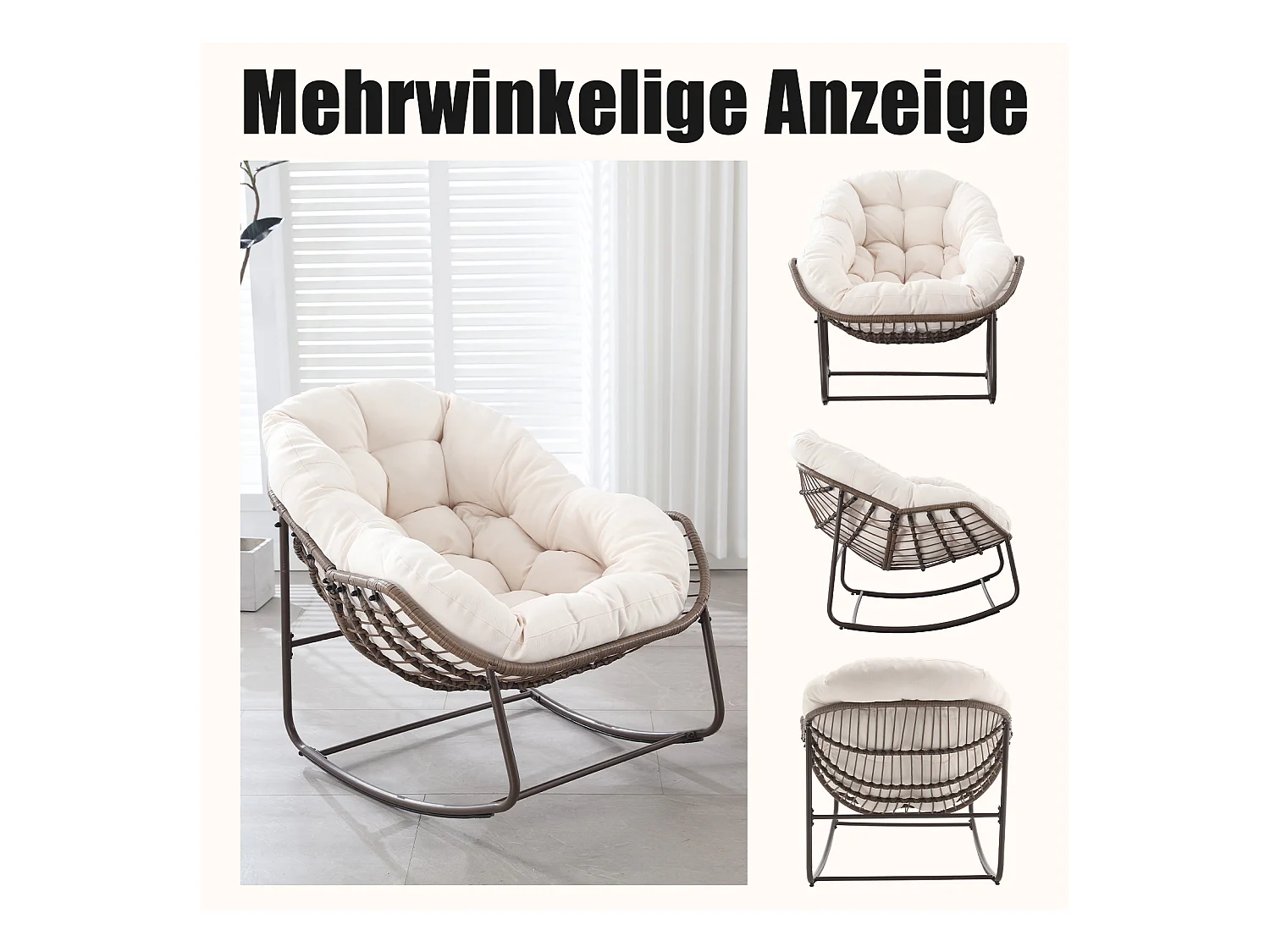Lot de 2 Fauteuils à Bascule en Rotin Naturel – Forme Œuf et Coussins Blanc Crème – Confortable pour Salon, Véranda ou Chambre