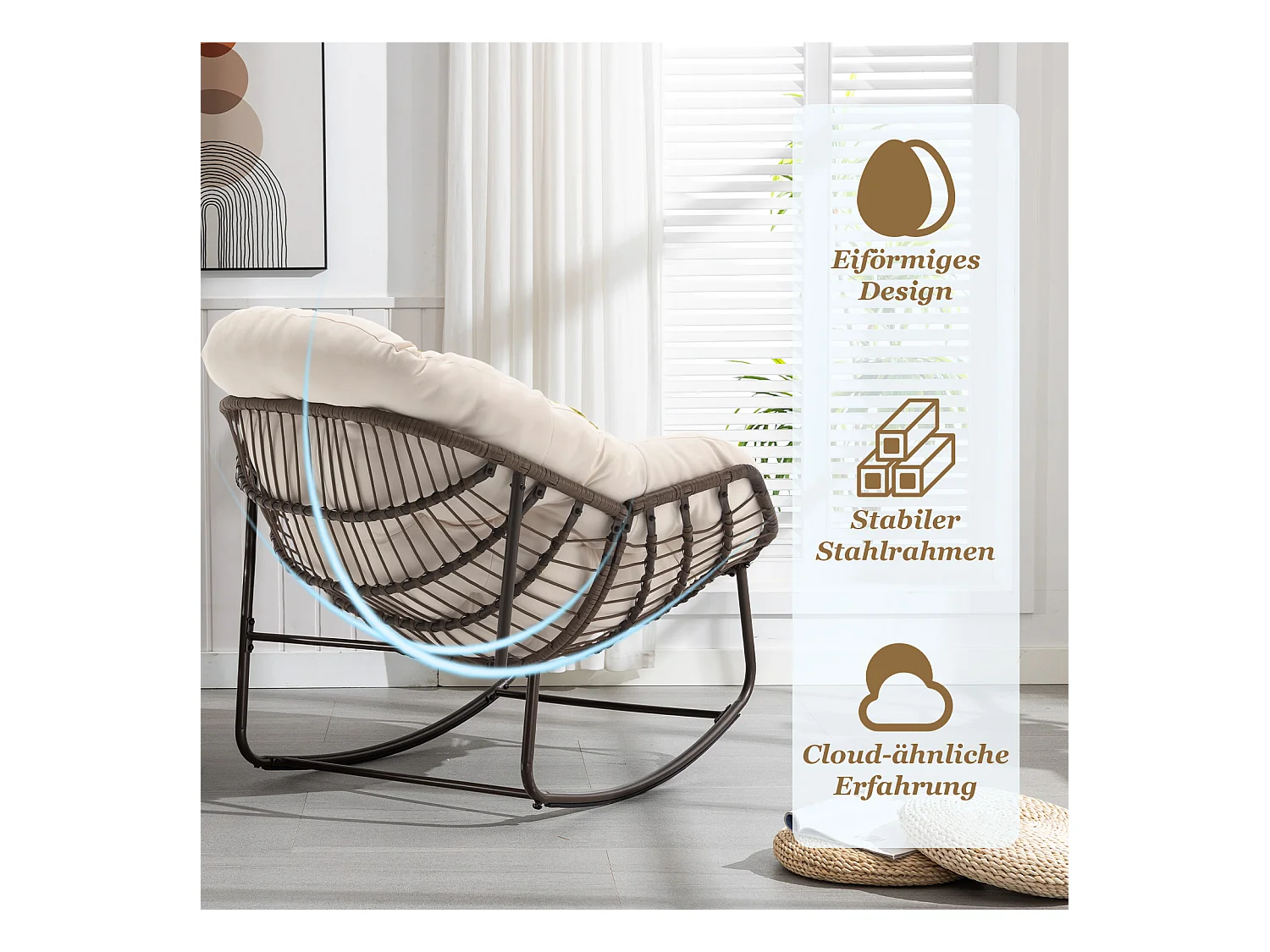 Lot de 2 Fauteuils à Bascule en Rotin Naturel – Forme Œuf et Coussins Blanc Crème – Confortable pour Salon, Véranda ou Chambre