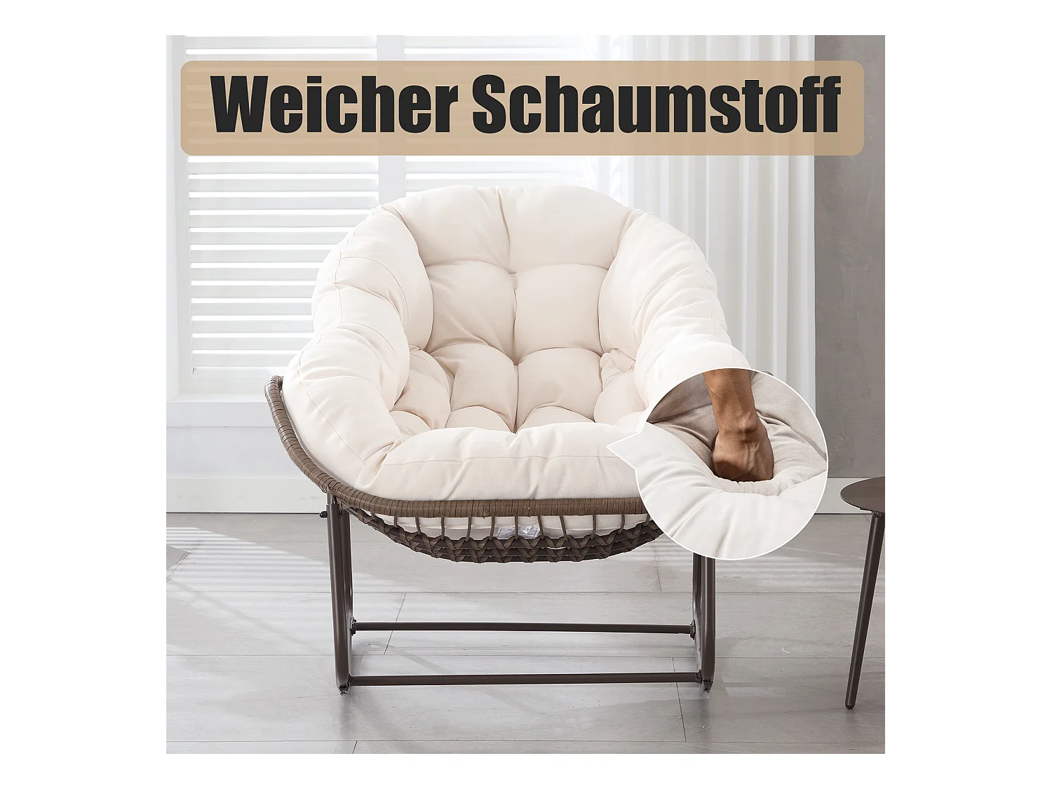 Lot de 2 Fauteuils à Bascule en Rotin Naturel – Forme Œuf et Coussins Blanc Crème – Confortable pour Salon, Véranda ou Chambre