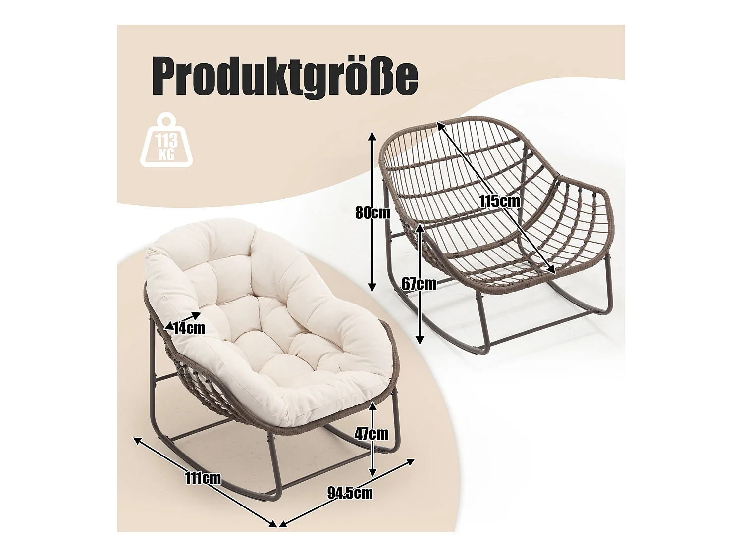Lot de 2 Fauteuils à Bascule en Rotin Naturel – Forme Œuf et Coussins Blanc Crème – Confortable pour Salon, Véranda ou Chambre