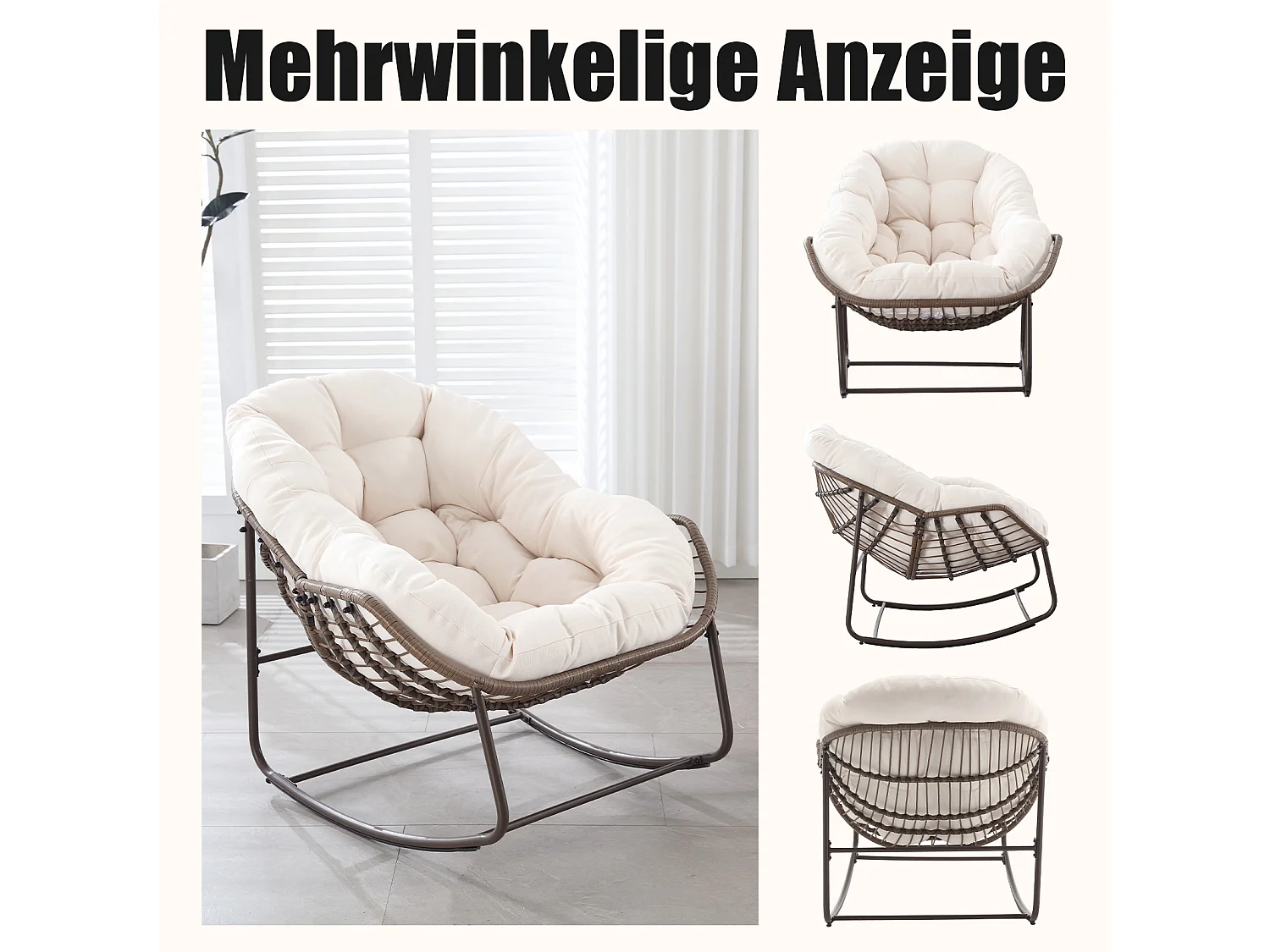 Lot de 2 Fauteuils à Bascule en Rotin Naturel – Forme Œuf et Coussins Blanc Crème – Confortable pour Salon, Véranda ou Chambre