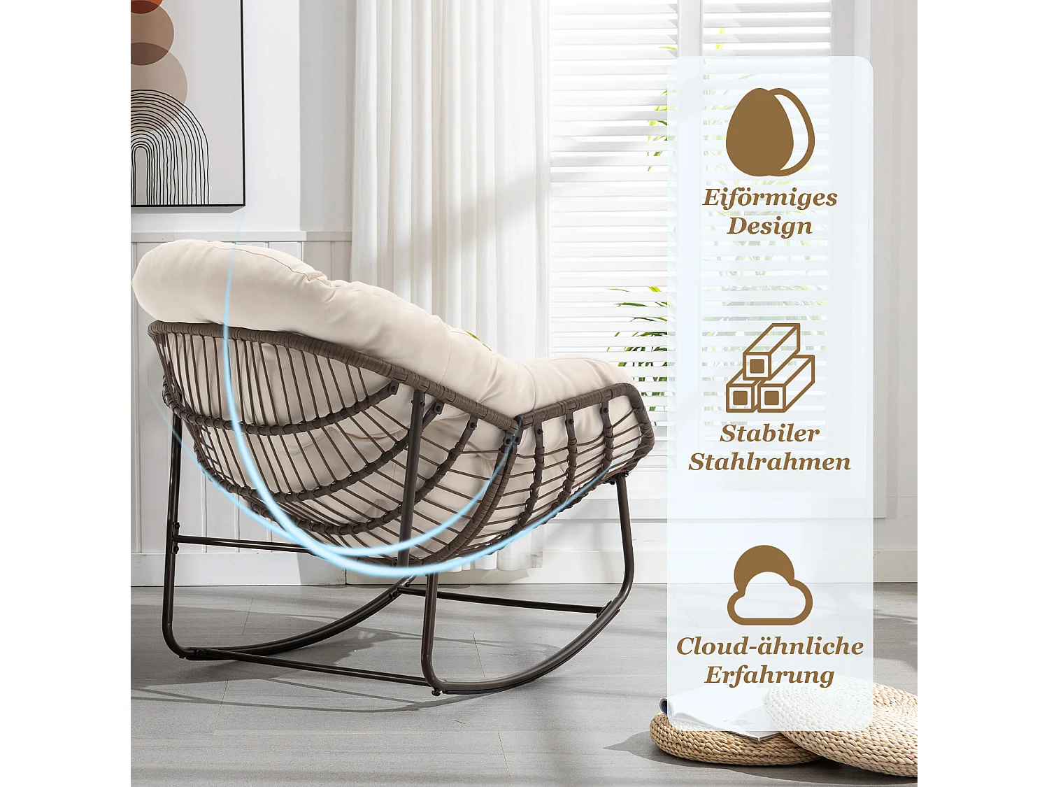 Lot de 2 Fauteuils à Bascule en Rotin Naturel – Forme Œuf et Coussins Blanc Crème – Confortable pour Salon, Véranda ou Chambre