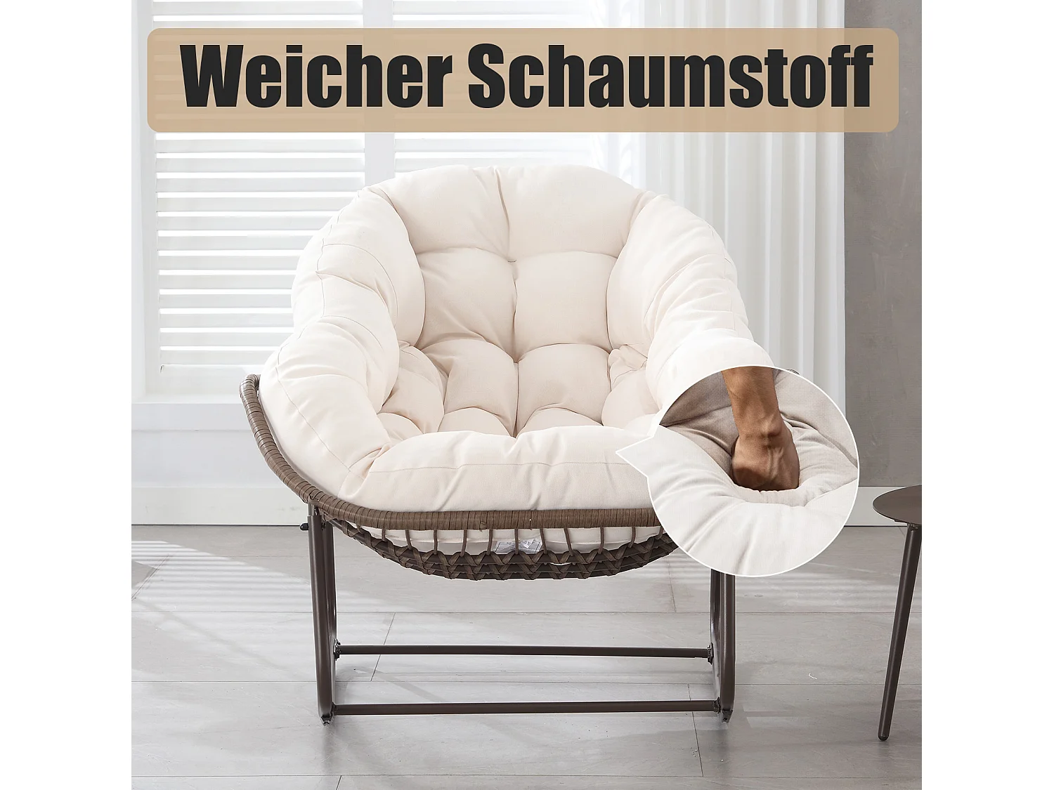 Lot de 2 Fauteuils à Bascule en Rotin Naturel – Forme Œuf et Coussins Blanc Crème – Confortable pour Salon, Véranda ou Chambre