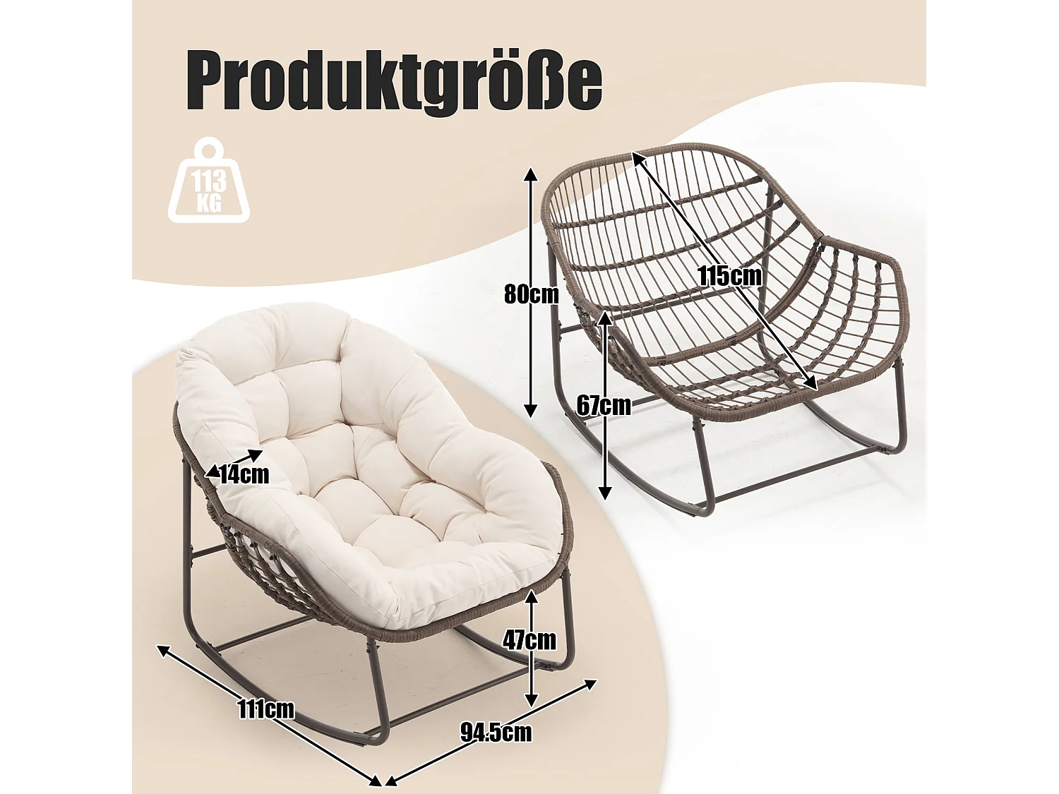 Lot de 2 Fauteuils à Bascule en Rotin Naturel – Forme Œuf et Coussins Blanc Crème – Confortable pour Salon, Véranda ou Chambre