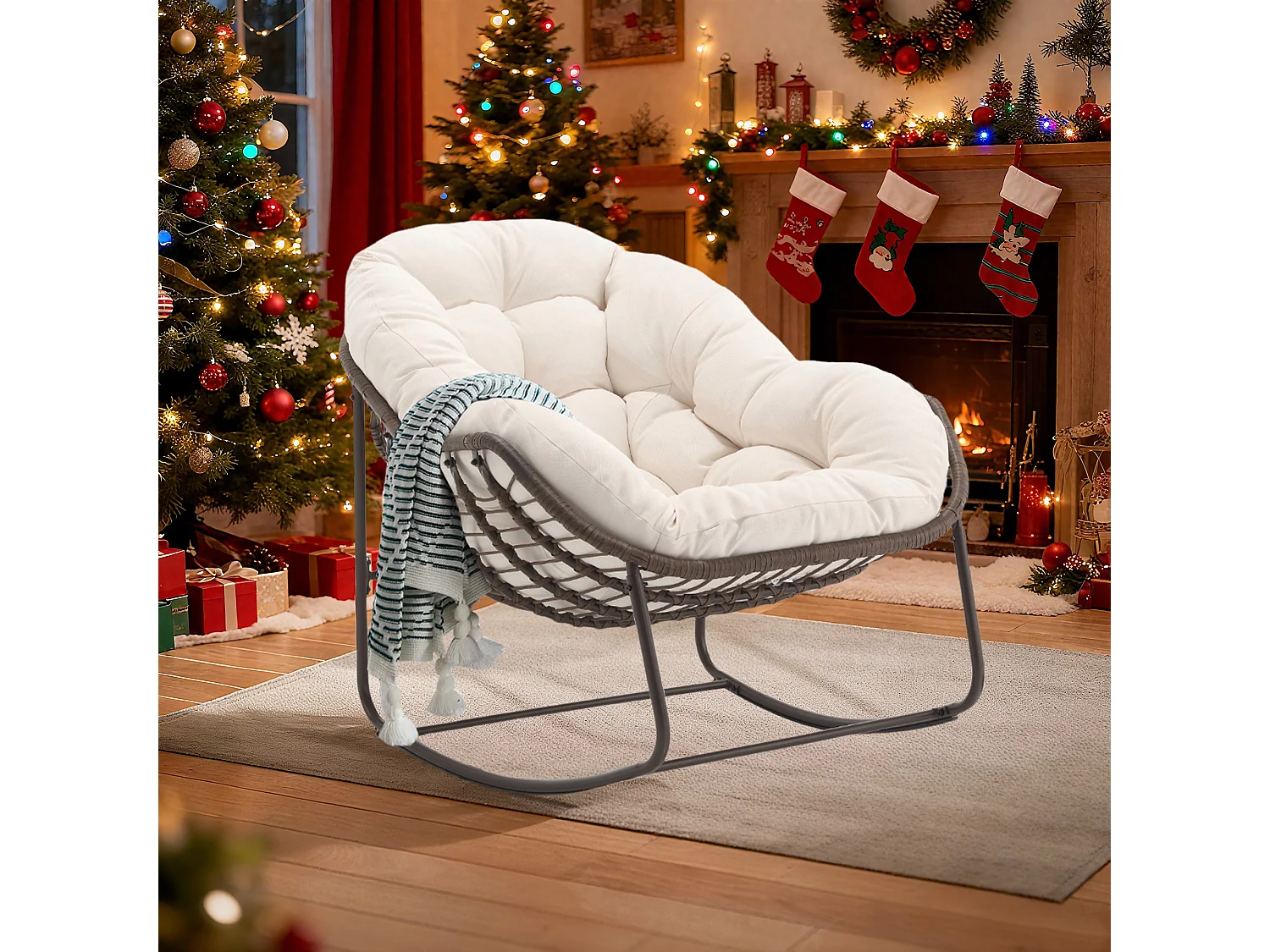 Lot de 2 Fauteuils à Bascule en Rotin Naturel – Forme Œuf et Coussins Blanc Crème – Confortable pour Salon, Véranda ou Chambre