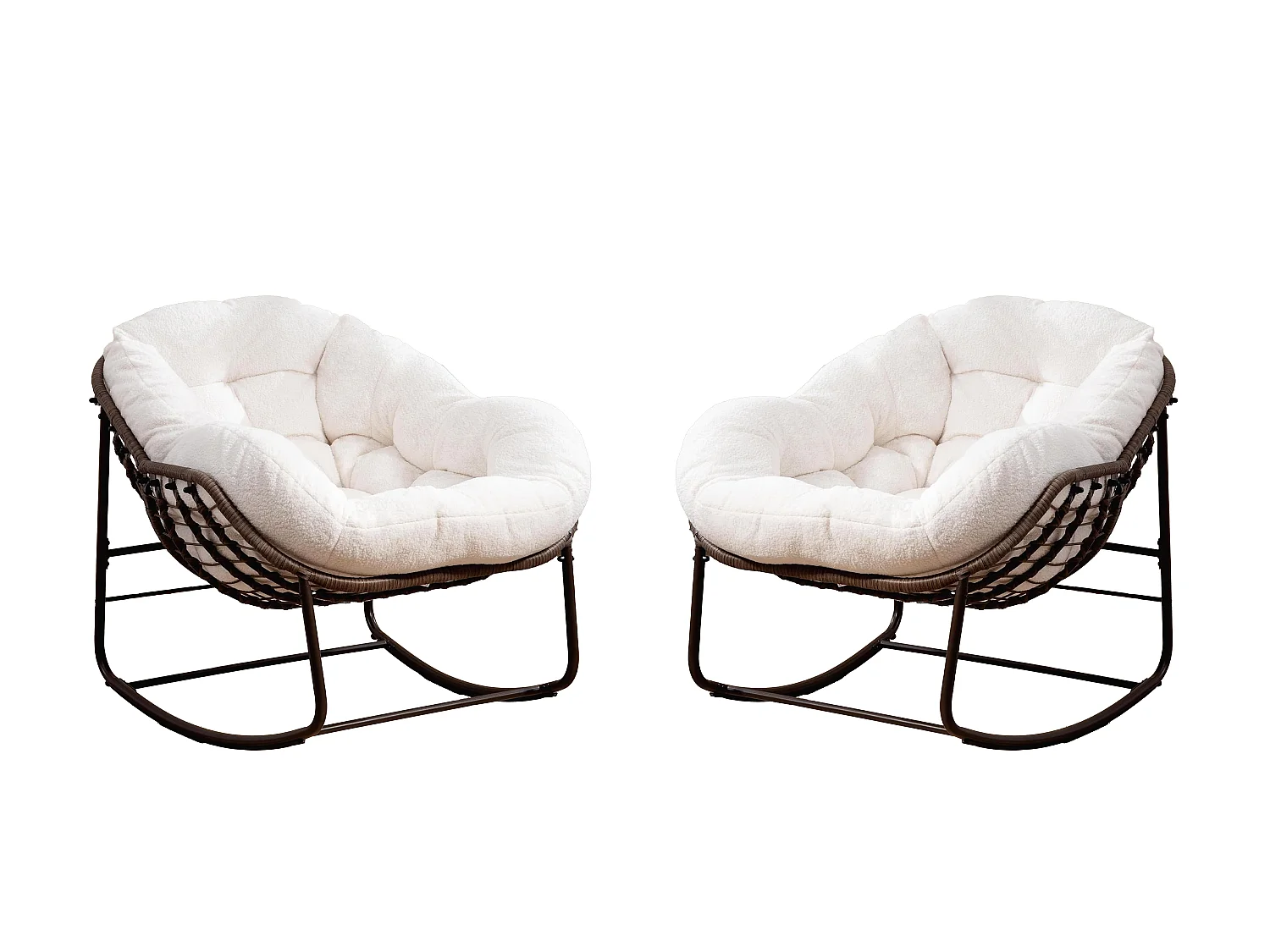 Lot de 2 Fauteuils à Bascule en Rotin Naturel – Forme Œuf et Coussins Blanc Crème – Confortable pour Salon, Véranda ou Chambre