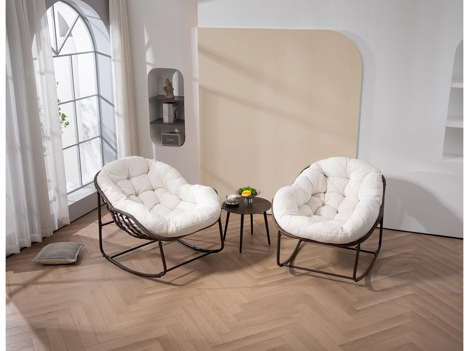 Set van 2 natuurlijke rotan schommelstoelen – eivorm met kussens – comfortabel voor woonkamer, serre of slaapkamer