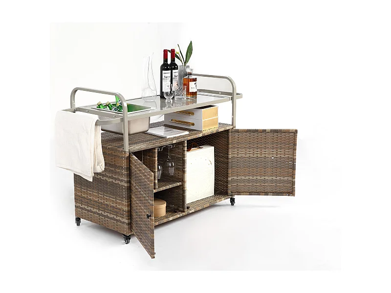 Îlot central en rotin beige - 2 portes - Style bohème naturel avec 2 étagères - Avec roulettes pour déplacement facile - Idéal pour terrasse ou jardin