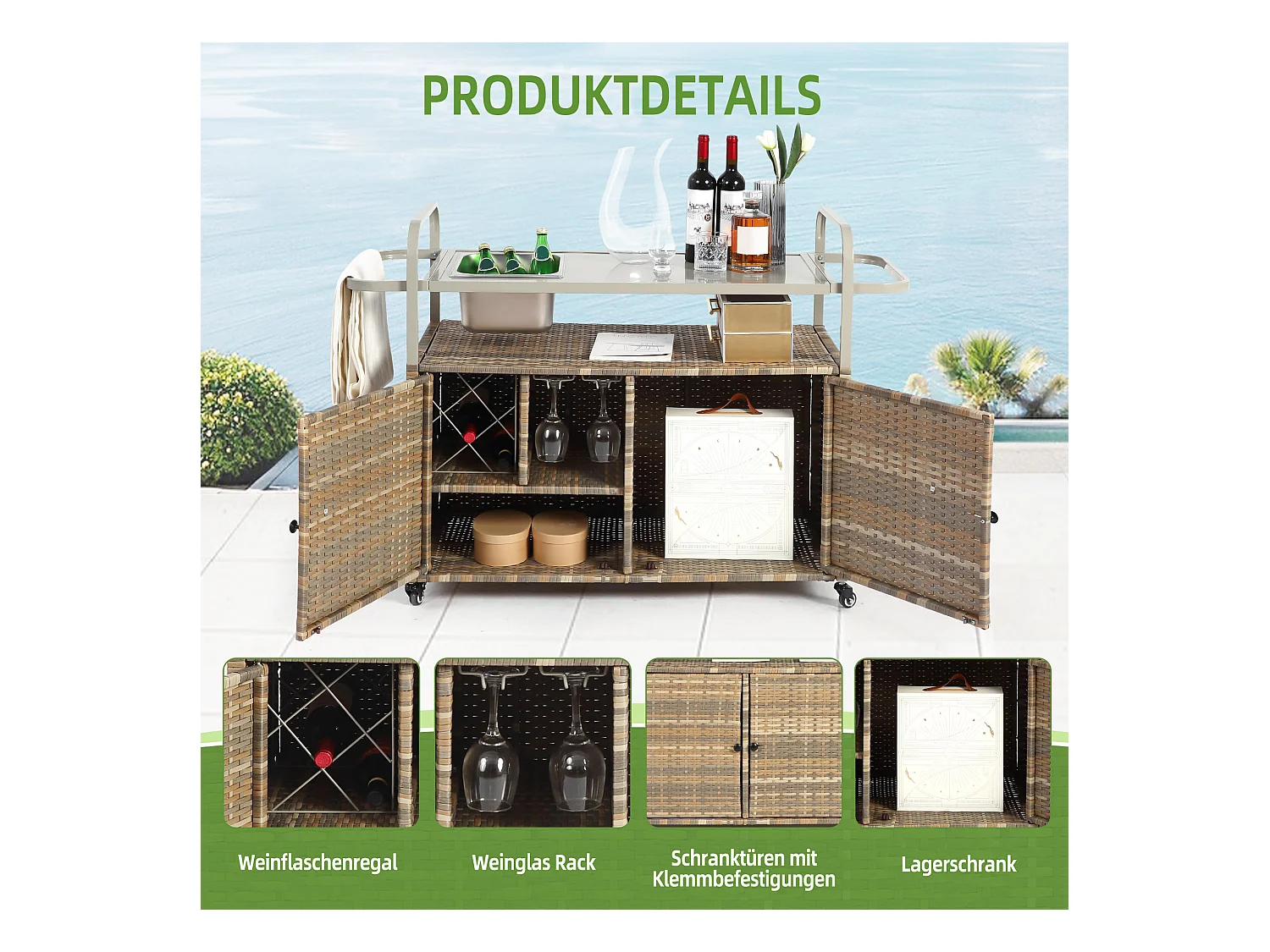 Îlot central en rotin beige - 2 portes - Style bohème naturel avec 2 étagères - Avec roulettes pour déplacement facile - Idéal pour terrasse ou jardin