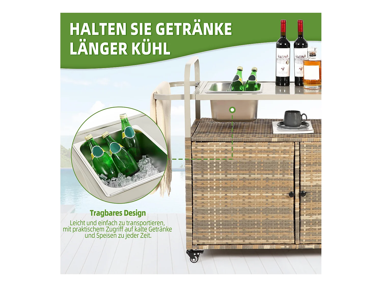 Îlot central en rotin beige - 2 portes - Style bohème naturel avec 2 étagères - Avec roulettes pour déplacement facile - Idéal pour terrasse ou jardin