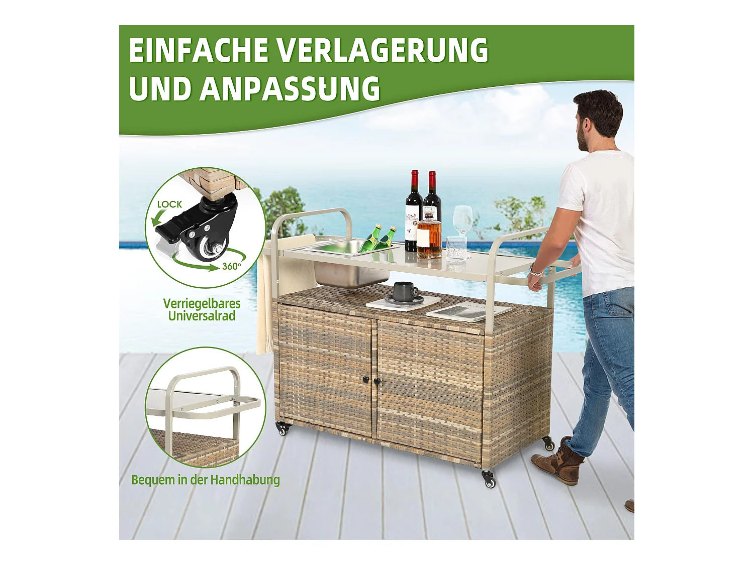 Îlot central en rotin beige - 2 portes - Style bohème naturel avec 2 étagères - Avec roulettes pour déplacement facile - Idéal pour terrasse ou jardin