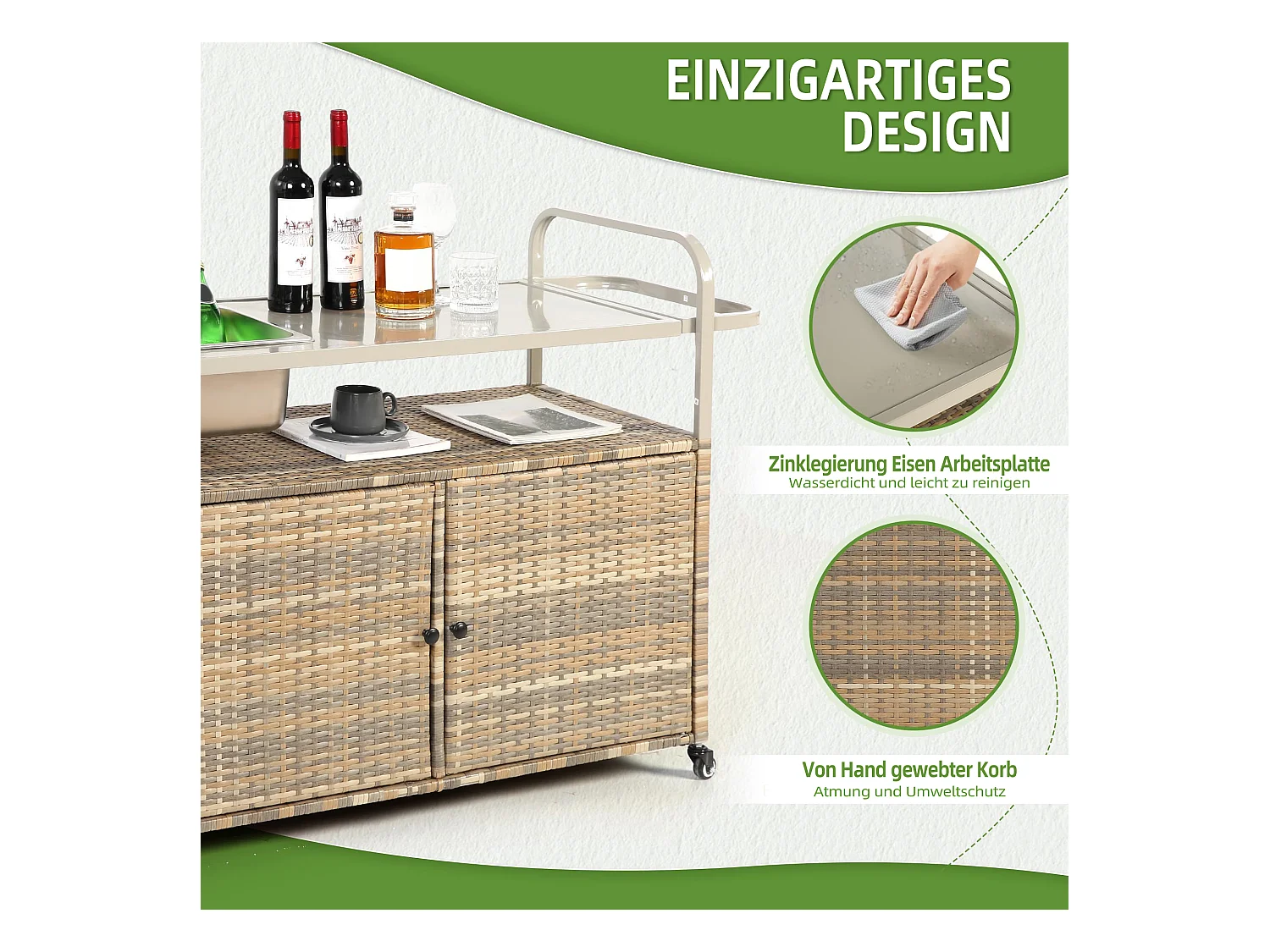 Îlot central en rotin beige - 2 portes - Style bohème naturel avec 2 étagères - Avec roulettes pour déplacement facile - Idéal pour terrasse ou jardin