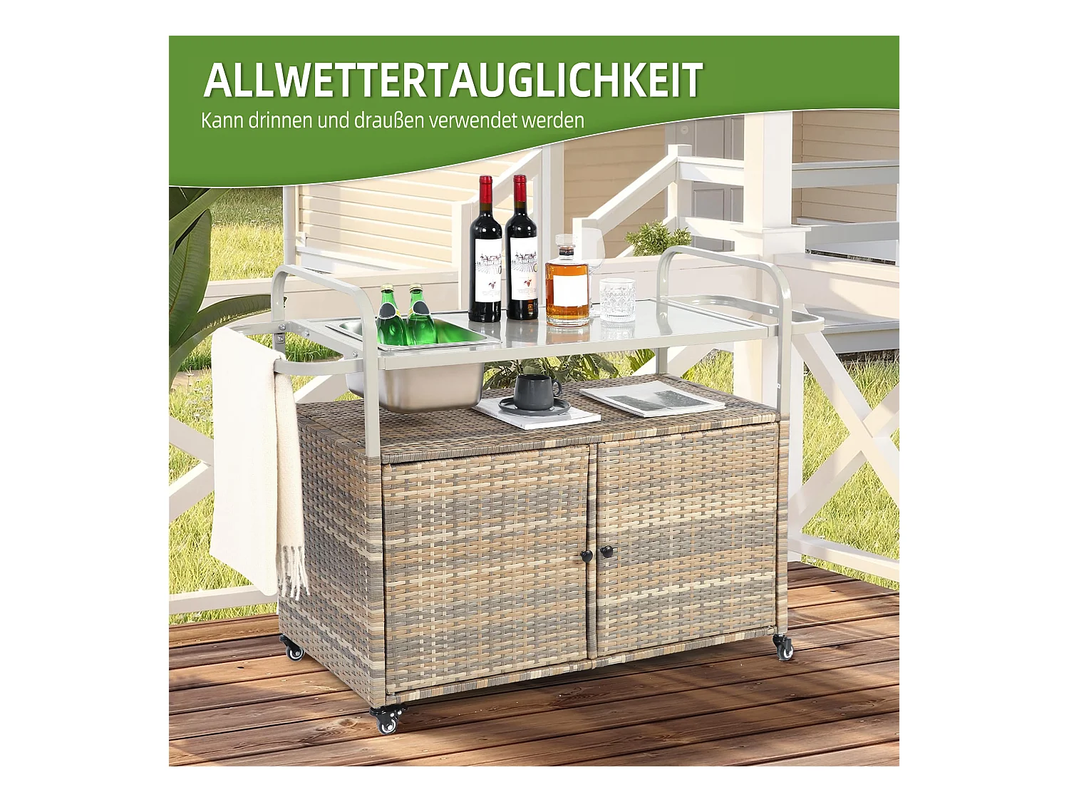 Îlot central en rotin beige - 2 portes - Style bohème naturel avec 2 étagères - Avec roulettes pour déplacement facile - Idéal pour terrasse ou jardin