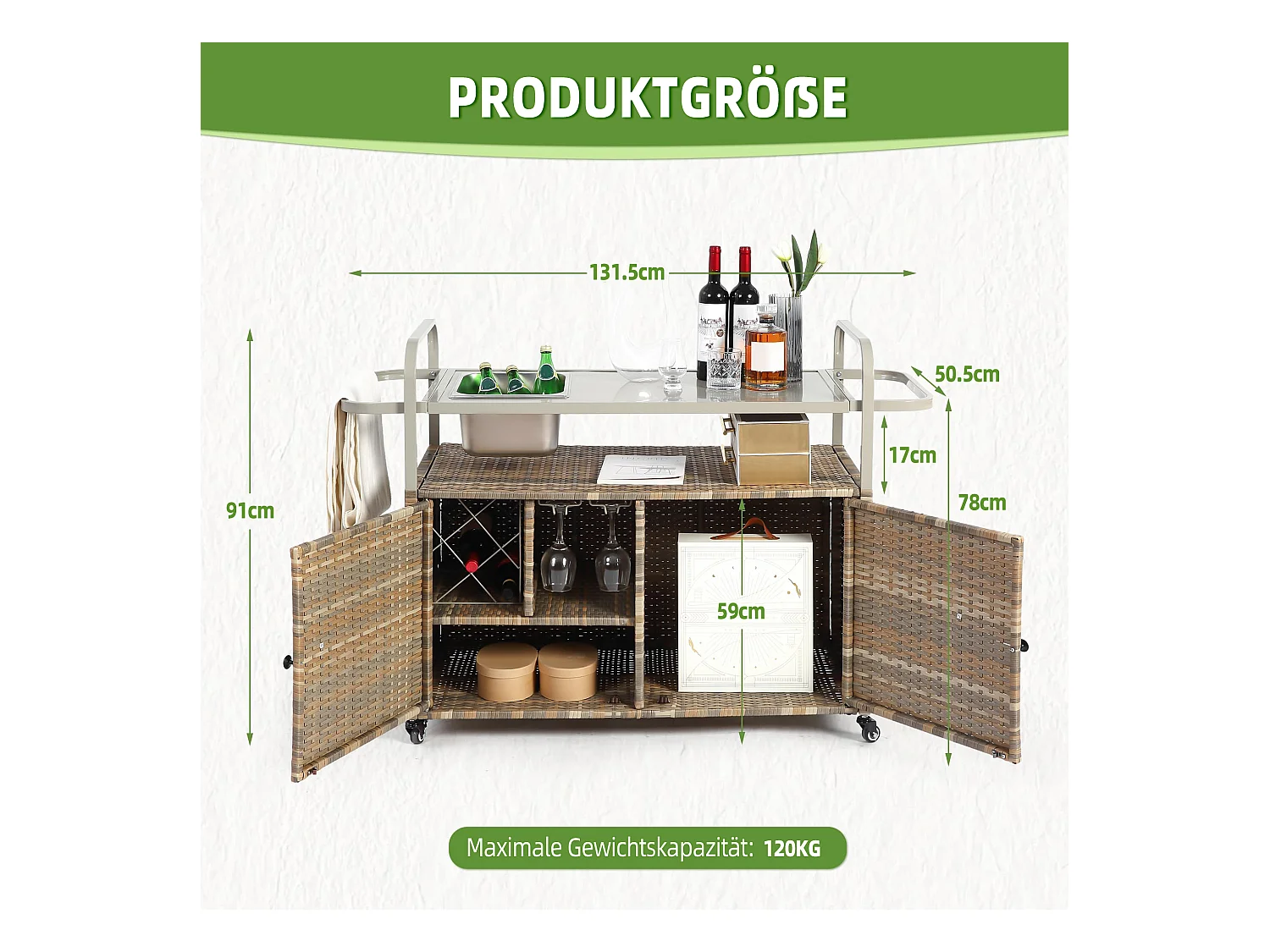 Îlot central en rotin beige - 2 portes - Style bohème naturel avec 2 étagères - Avec roulettes pour déplacement facile - Idéal pour terrasse ou jardin