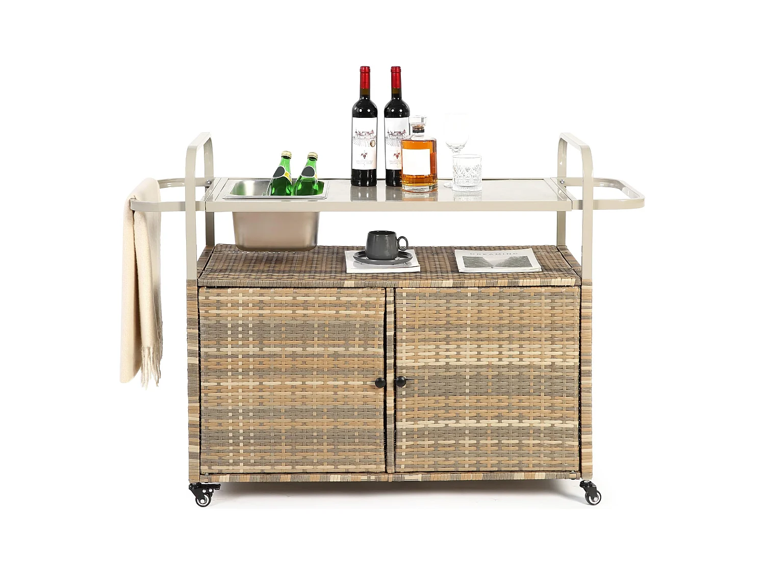 Îlot central en rotin beige - 2 portes - Style bohème naturel avec 2 étagères - Avec roulettes pour déplacement facile - Idéal pour terrasse ou jardin