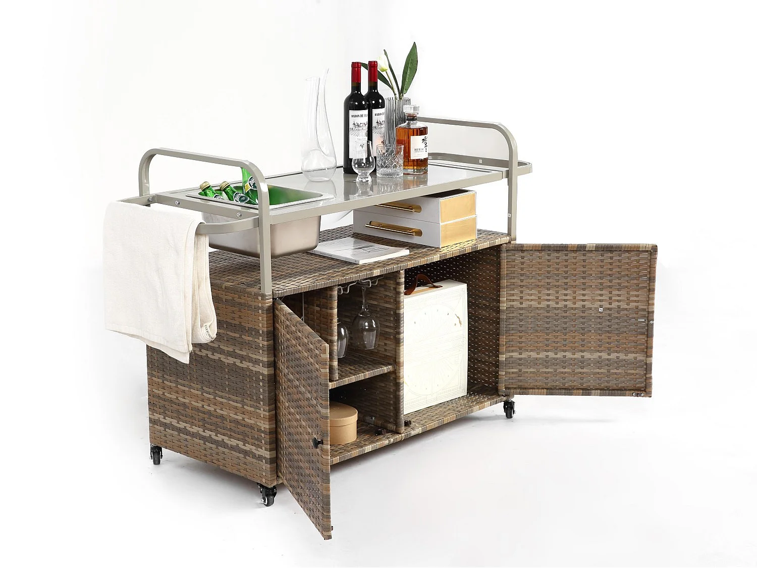 Îlot central en rotin beige - 2 portes - Style bohème naturel avec 2 étagères - Avec roulettes pour déplacement facile - Idéal pour terrasse ou jardin