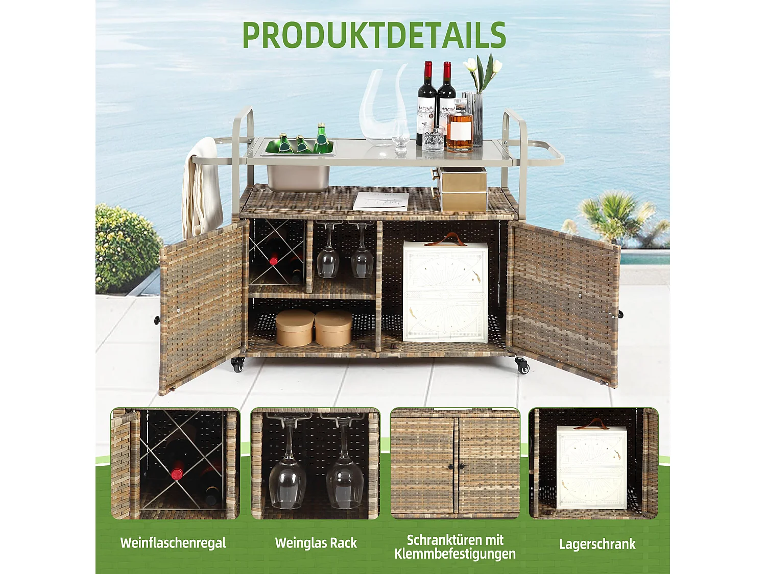 Îlot central en rotin beige - 2 portes - Style bohème naturel avec 2 étagères - Avec roulettes pour déplacement facile - Idéal pour terrasse ou jardin