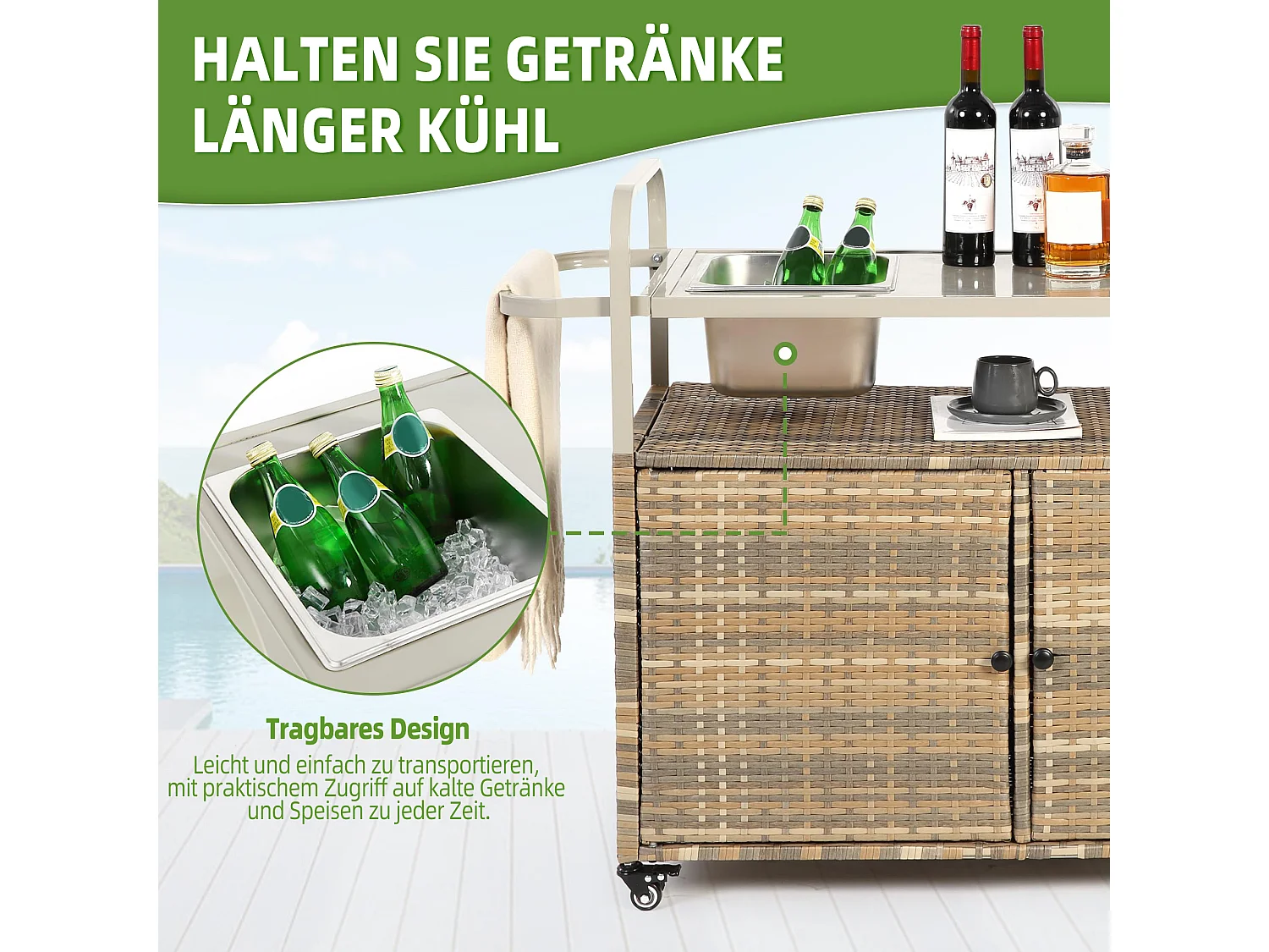 Îlot central en rotin beige - 2 portes - Style bohème naturel avec 2 étagères - Avec roulettes pour déplacement facile - Idéal pour terrasse ou jardin