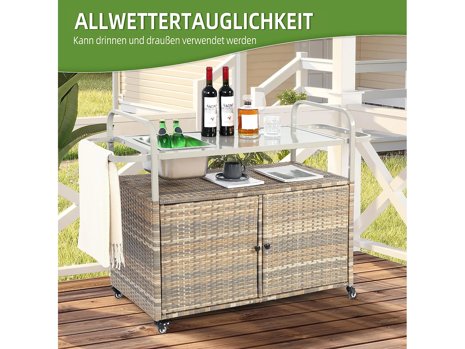 Îlot central en rotin beige - 2 portes - Style bohème naturel avec 2 étagères - Avec roulettes pour déplacement facile - Idéal pour terrasse ou jardin