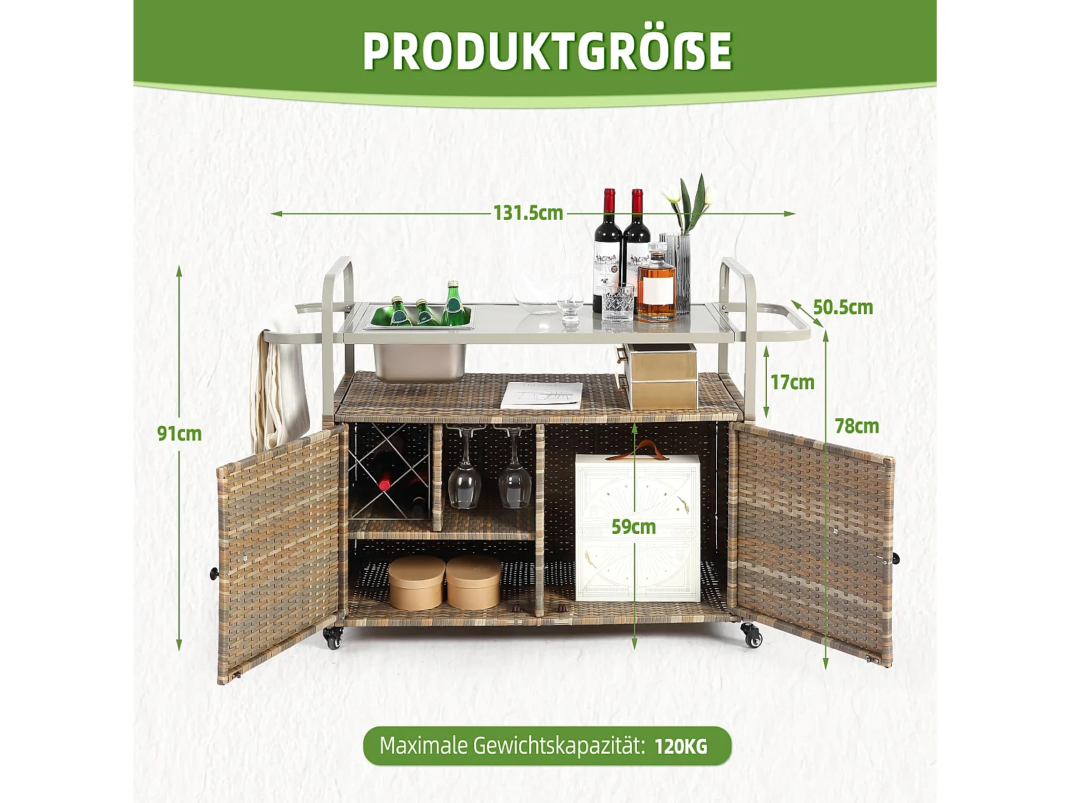 Îlot central en rotin beige - 2 portes - Style bohème naturel avec 2 étagères - Avec roulettes pour déplacement facile - Idéal pour terrasse ou jardin