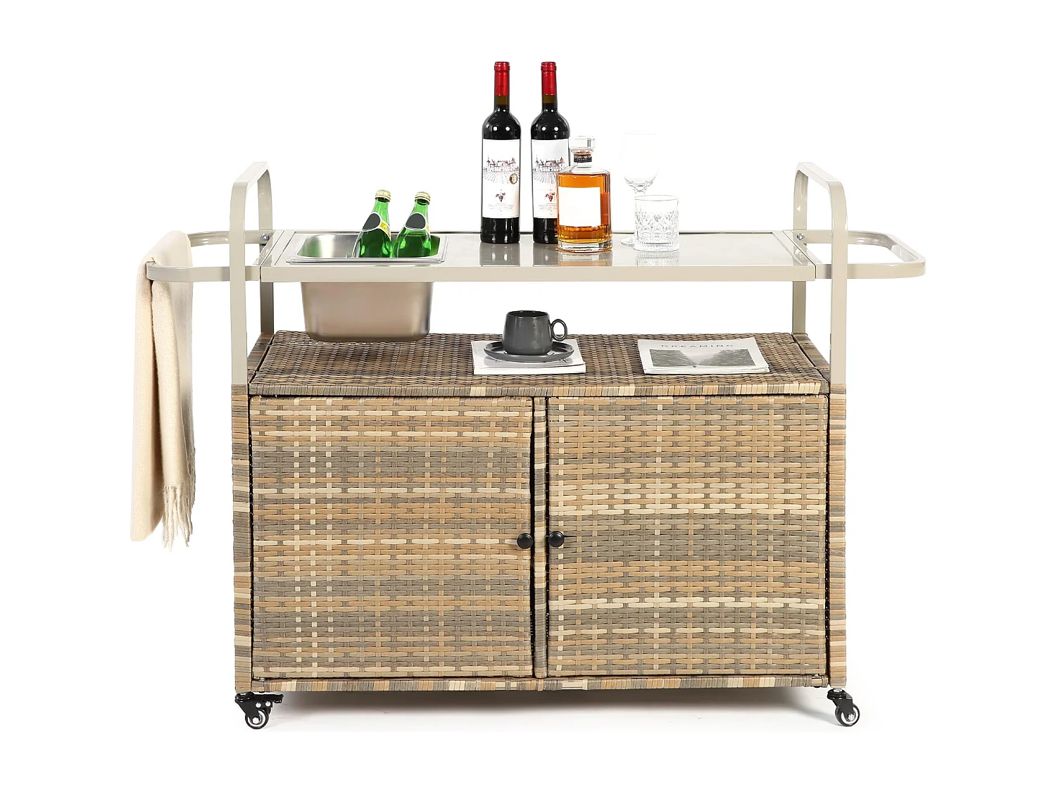 Îlot central en rotin beige - 2 portes - Style bohème naturel avec 2 étagères - Avec roulettes pour déplacement facile - Idéal pour terrasse ou jardin