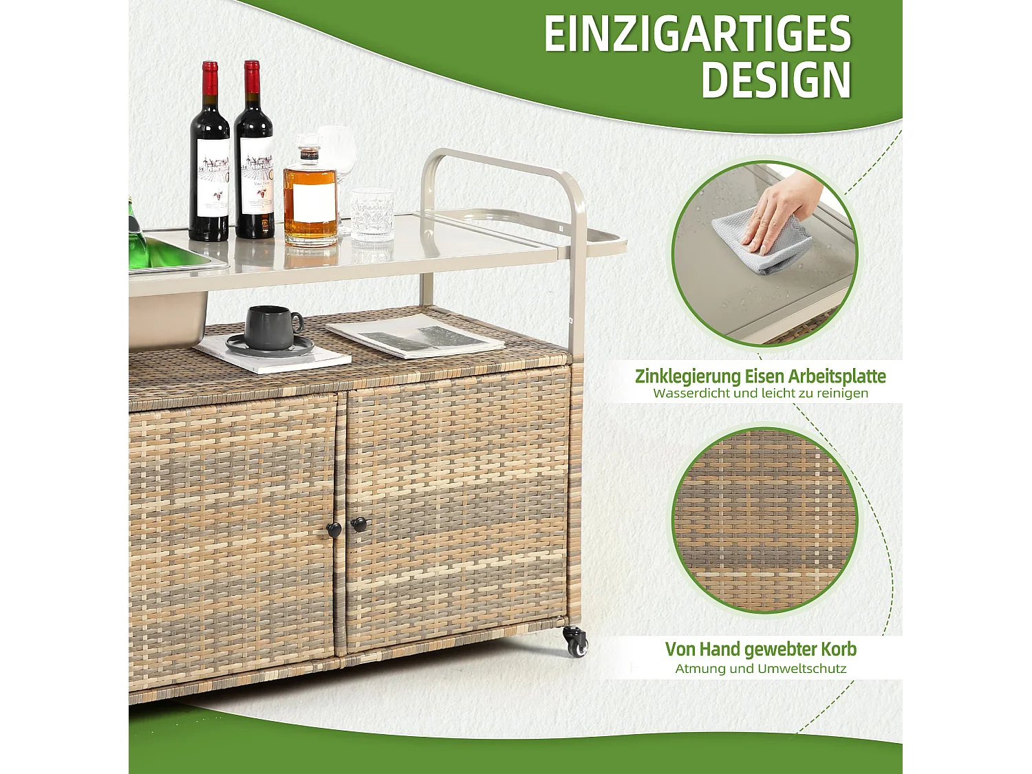 Îlot central en rotin beige - 2 portes - Style bohème naturel avec 2 étagères - Avec roulettes pour déplacement facile - Idéal pour terrasse ou jardin