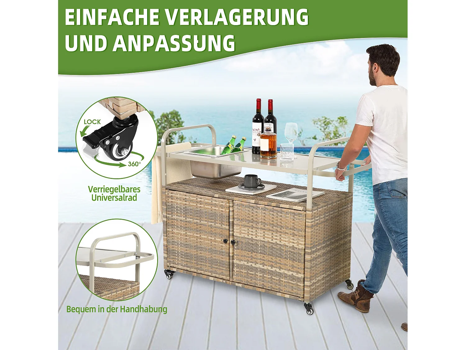 Îlot central en rotin beige - 2 portes - Style bohème naturel avec 2 étagères - Avec roulettes pour déplacement facile - Idéal pour terrasse ou jardin