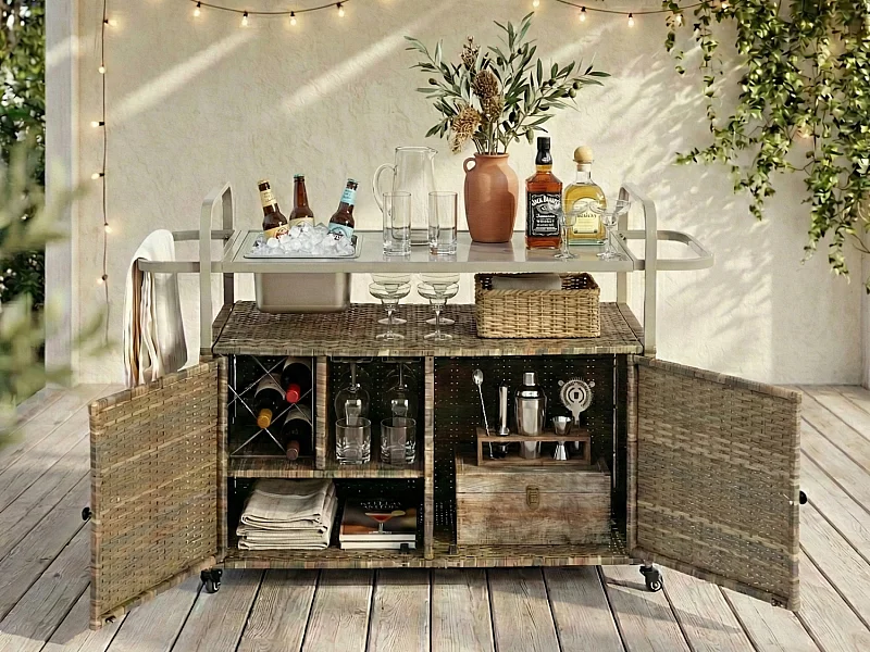 Isla central de ratán beige con 2 puertas, estilo bohemio natural con 2 estantes, con ruedas para fácil desplazamiento, ideal para terraza o jardín