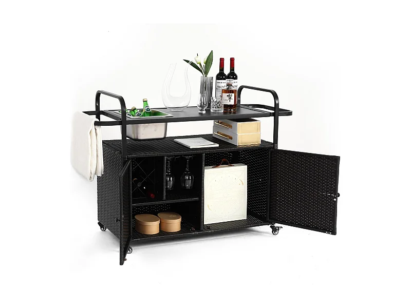 Îlot central en rotin noir - 2 portes - Style bohème naturel avec 2 étagères - Avec roulettes pour déplacement facile - Idéal pour terrasse ou jardin