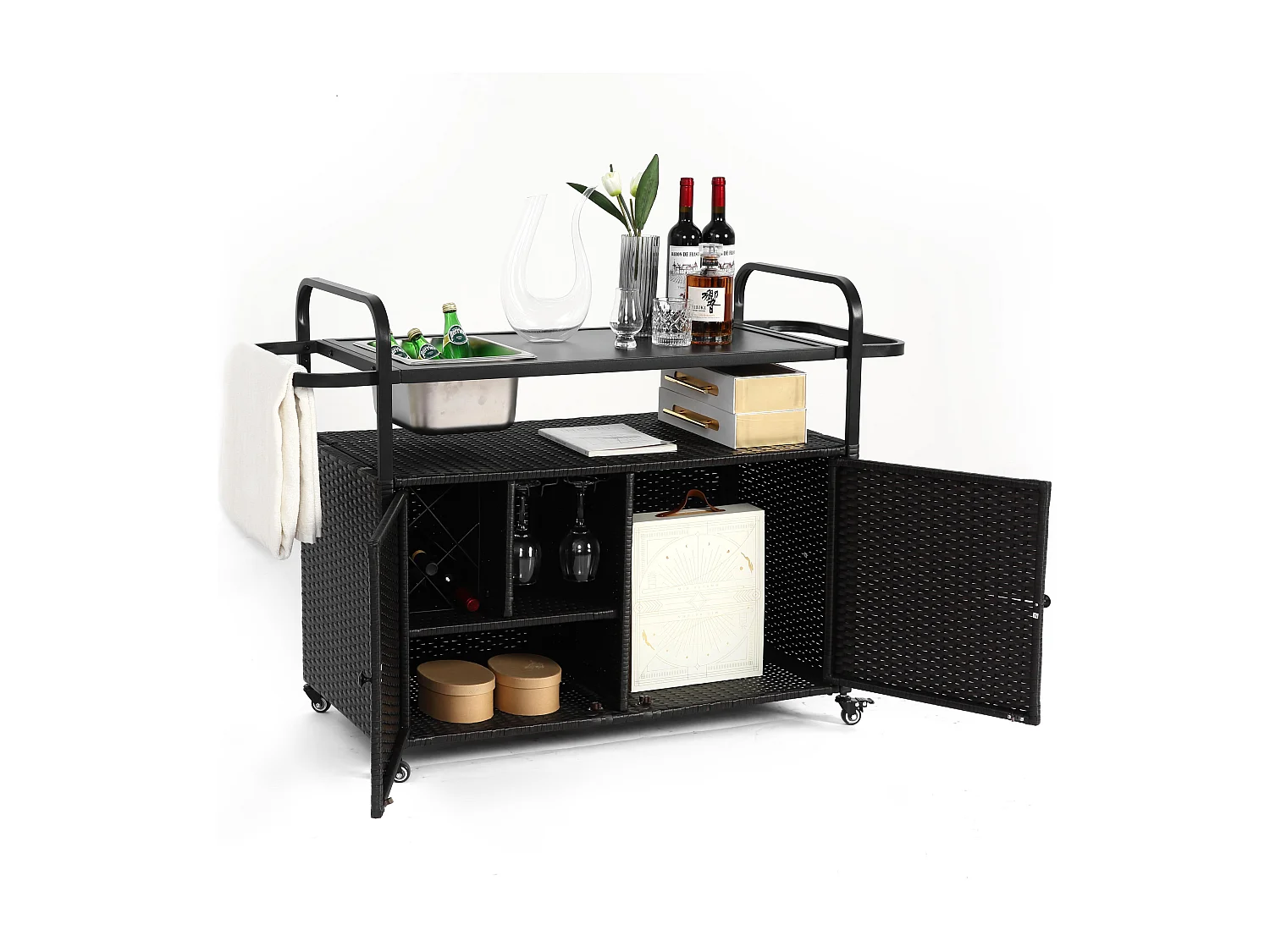 Îlot central en rotin noir - 2 portes - Style bohème naturel avec 2 étagères - Avec roulettes pour déplacement facile - Idéal pour terrasse ou jardin