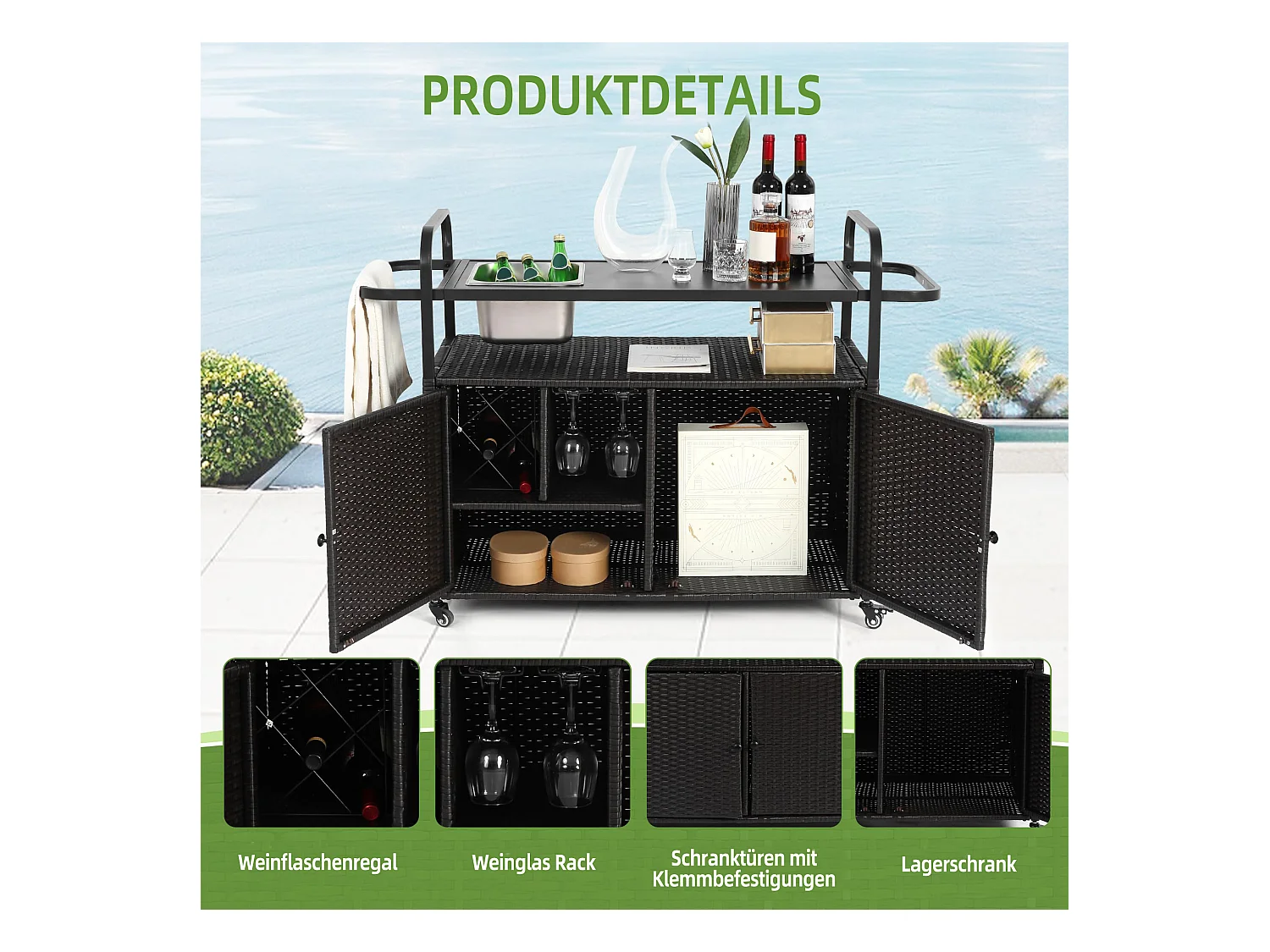 Îlot central en rotin noir - 2 portes - Style bohème naturel avec 2 étagères - Avec roulettes pour déplacement facile - Idéal pour terrasse ou jardin