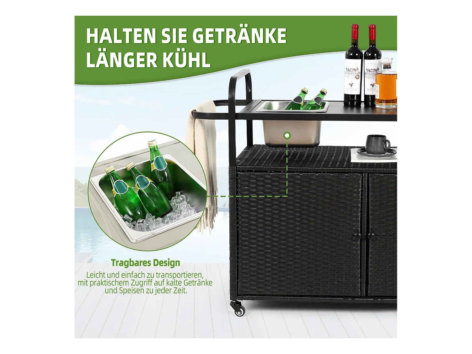 Îlot central en rotin noir - 2 portes - Style bohème naturel avec 2 étagères - Avec roulettes pour déplacement facile - Idéal pour terrasse ou jardin