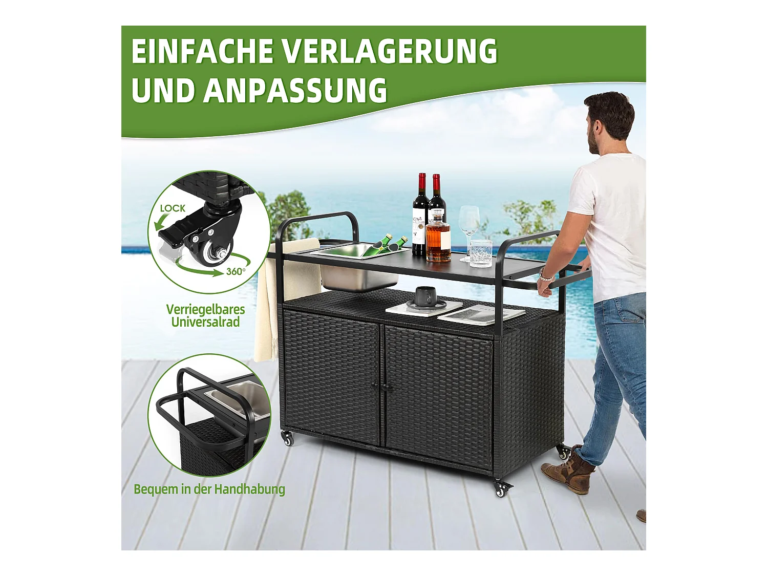 Îlot central en rotin noir - 2 portes - Style bohème naturel avec 2 étagères - Avec roulettes pour déplacement facile - Idéal pour terrasse ou jardin