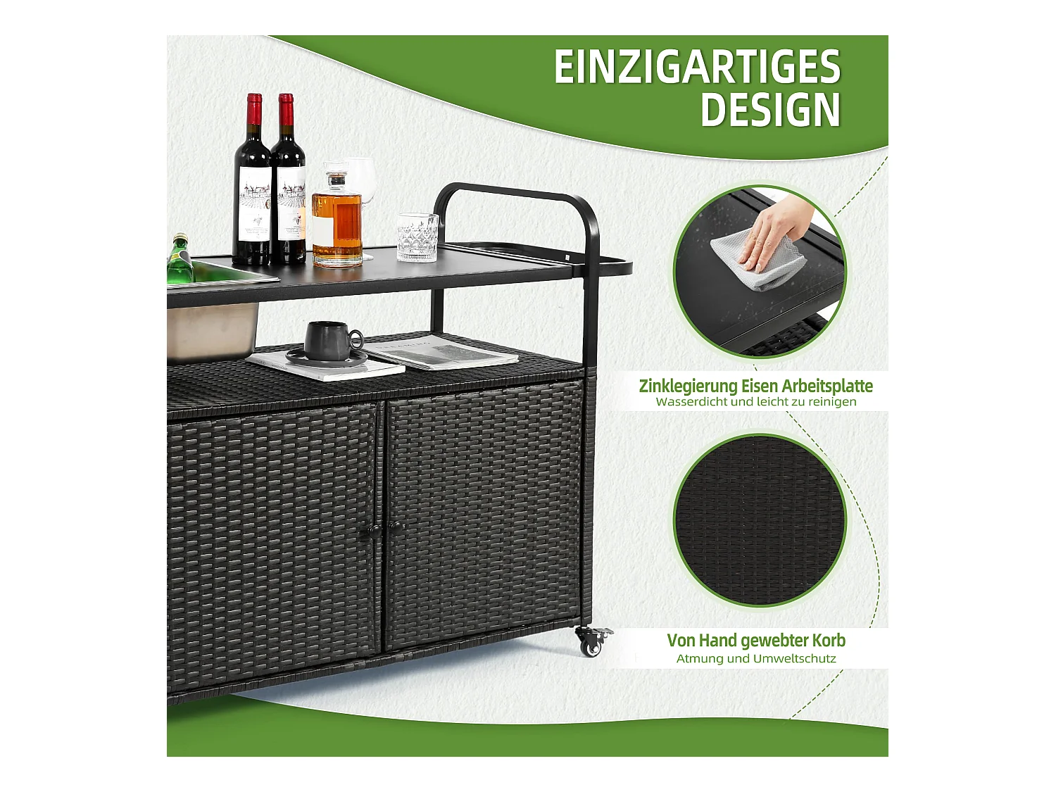 Îlot central en rotin noir - 2 portes - Style bohème naturel avec 2 étagères - Avec roulettes pour déplacement facile - Idéal pour terrasse ou jardin