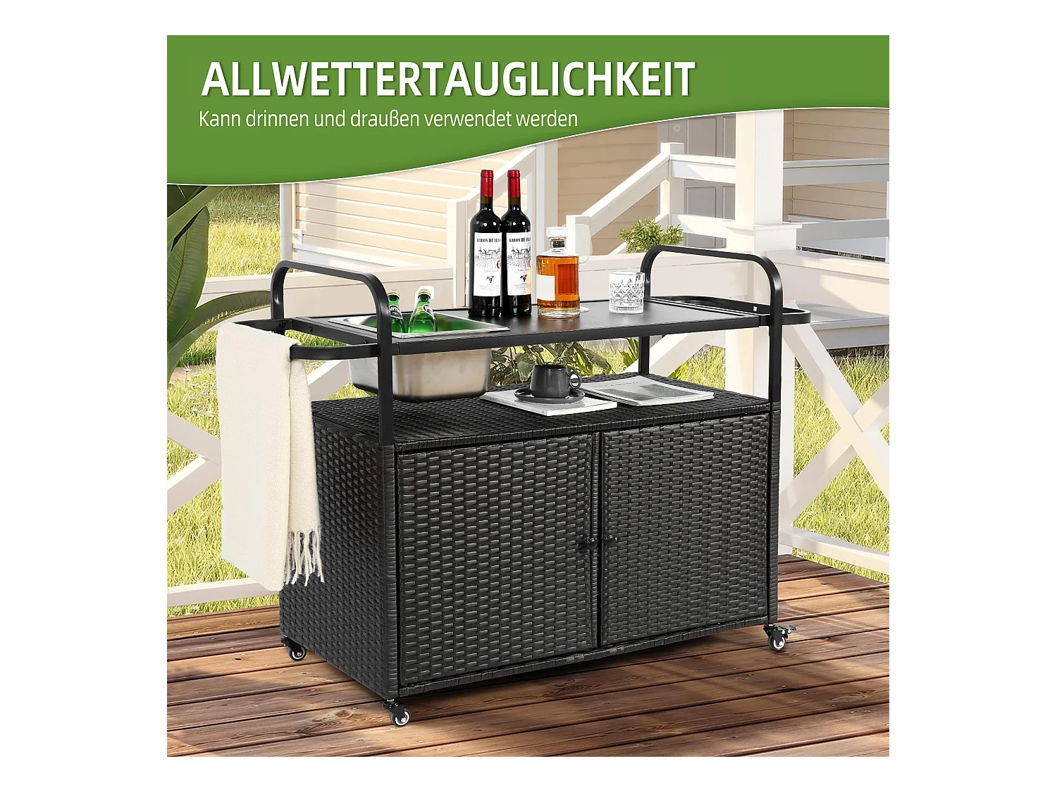 Îlot central en rotin noir - 2 portes - Style bohème naturel avec 2 étagères - Avec roulettes pour déplacement facile - Idéal pour terrasse ou jardin