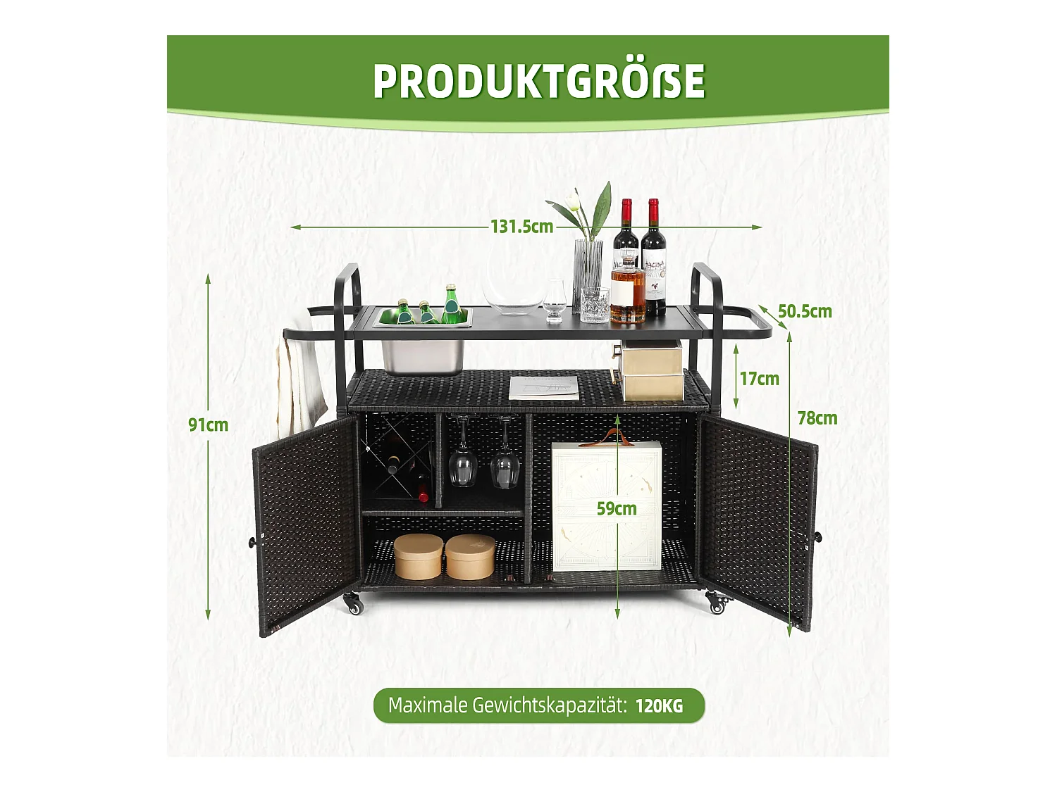 Îlot central en rotin noir - 2 portes - Style bohème naturel avec 2 étagères - Avec roulettes pour déplacement facile - Idéal pour terrasse ou jardin