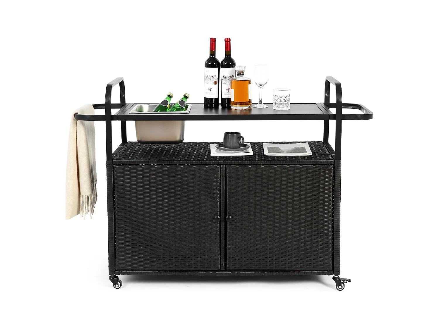 Îlot central en rotin noir - 2 portes - Style bohème naturel avec 2 étagères - Avec roulettes pour déplacement facile - Idéal pour terrasse ou jardin