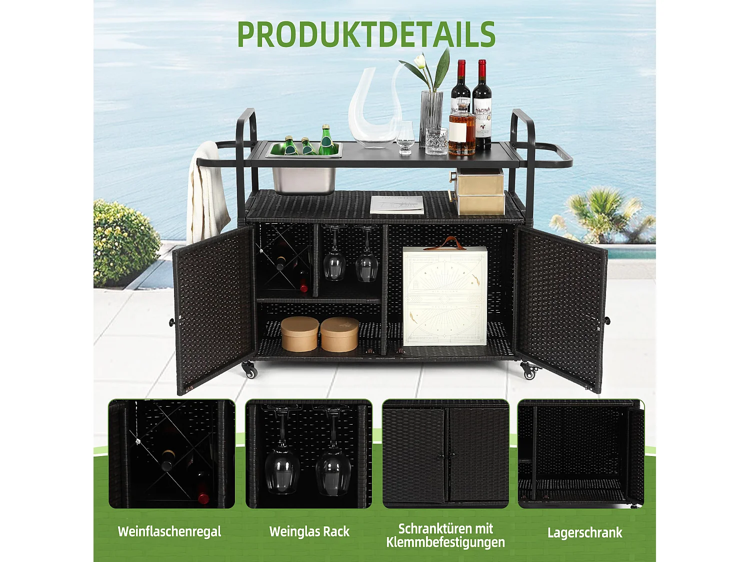 Îlot central en rotin noir - 2 portes - Style bohème naturel avec 2 étagères - Avec roulettes pour déplacement facile - Idéal pour terrasse ou jardin