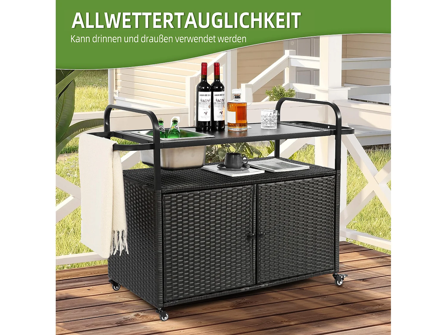 Îlot central en rotin noir - 2 portes - Style bohème naturel avec 2 étagères - Avec roulettes pour déplacement facile - Idéal pour terrasse ou jardin