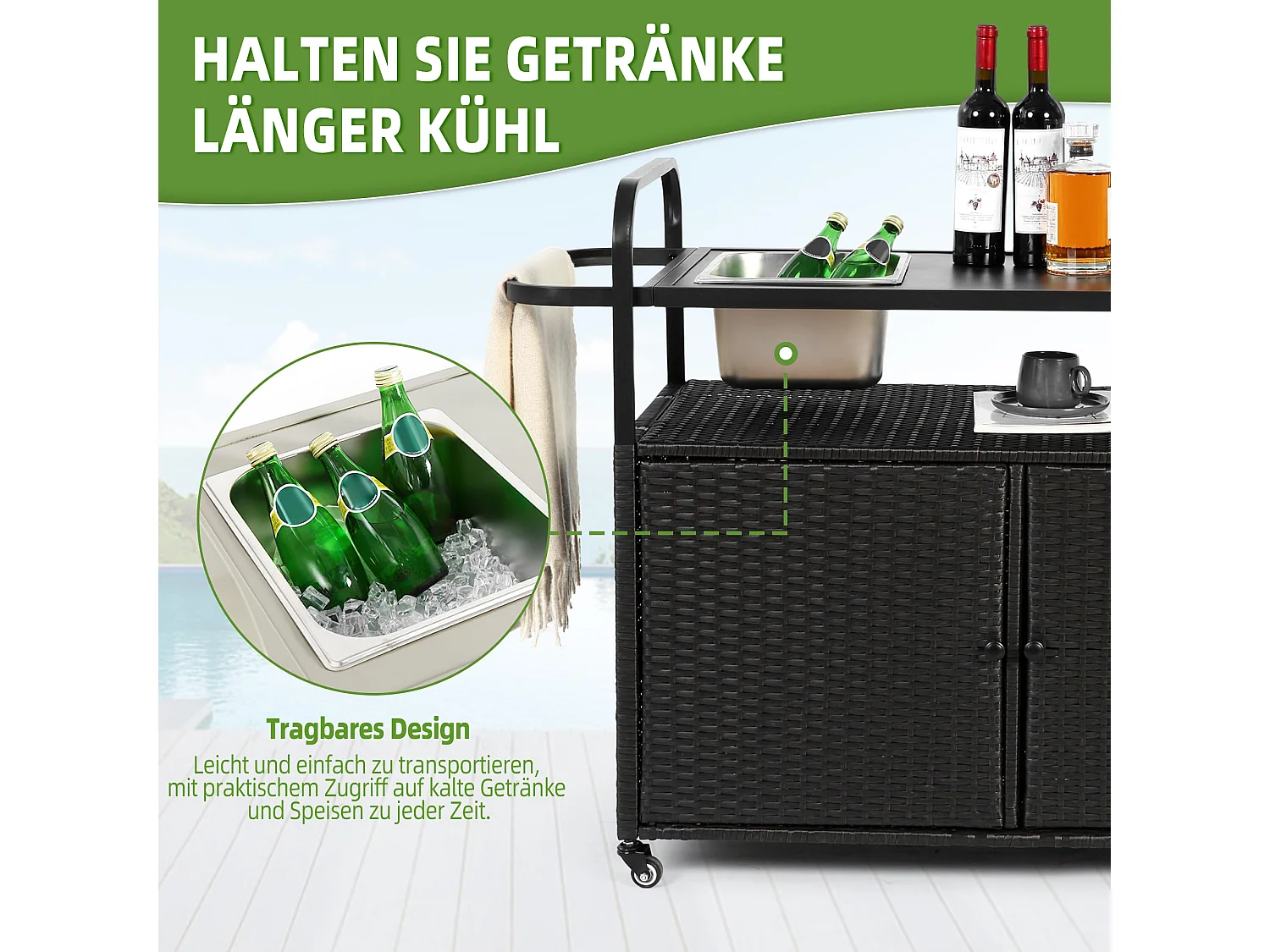 Îlot central en rotin noir - 2 portes - Style bohème naturel avec 2 étagères - Avec roulettes pour déplacement facile - Idéal pour terrasse ou jardin