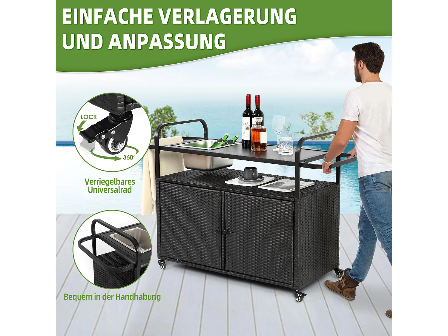 Îlot central en rotin noir - 2 portes - Style bohème naturel avec 2 étagères - Avec roulettes pour déplacement facile - Idéal pour terrasse ou jardin