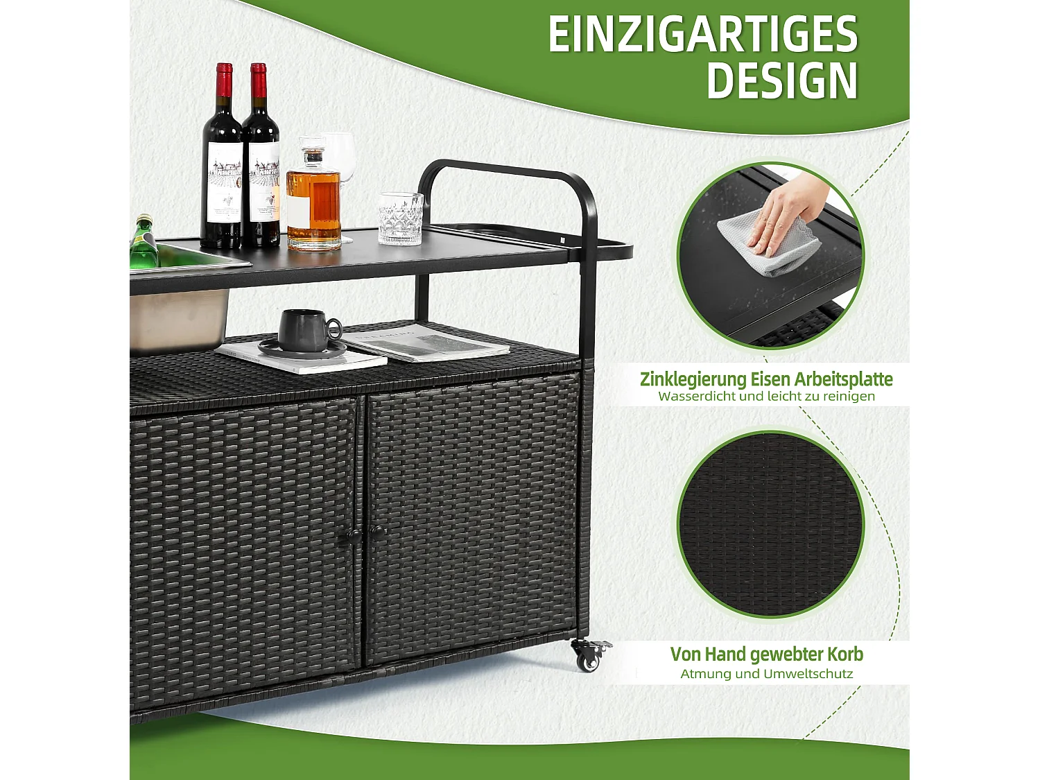 Îlot central en rotin noir - 2 portes - Style bohème naturel avec 2 étagères - Avec roulettes pour déplacement facile - Idéal pour terrasse ou jardin