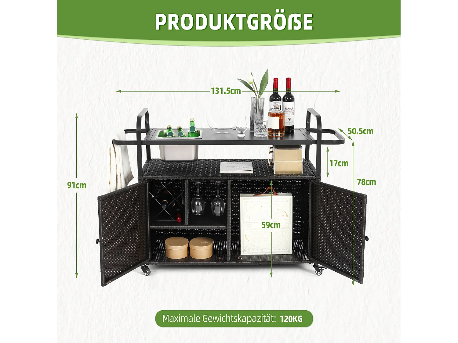 Îlot central en rotin noir - 2 portes - Style bohème naturel avec 2 étagères - Avec roulettes pour déplacement facile - Idéal pour terrasse ou jardin
